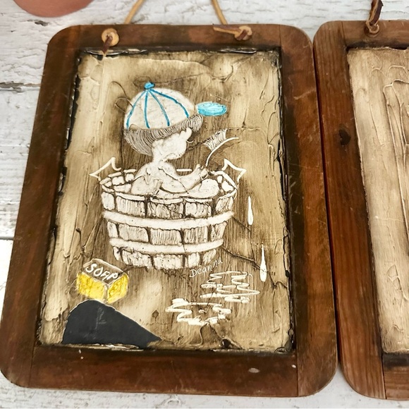 Vintage Boy & Girl Painted Chalkboard Bathing Bathroom Wall Hanging Art Portugal - Picture 3 of 11